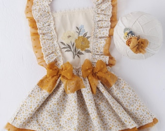 Miss Molly  - sitter outfit with dainty embroidery bib front in golden mustard yellow, sage green, light blue, beige, ivory and cream