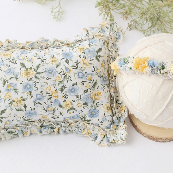 Blue Skies & Sunshine - newborn ruffle pillow sham in a floral print of dusty blue, sky blue, yellow, mustard yellow, green, sage and ivory