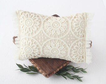 Adele - newborn pillow sham in an beige muslin with vintage style ivory cream lace overlay and mesh ruffle trim (RTS)