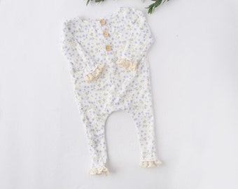 Lilac Skies - newborn long sleeve footless romper in ivory cream with dusty light dust periwinkle, lavender and lilac floral flowers (RTS)