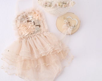 Cream Bloom - newborn halter romper in creamy vanilla with a hint of peach (RTS)