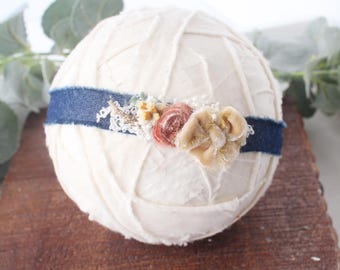 Denim Days - headband tieback -  hand dyed silk  - photography prop