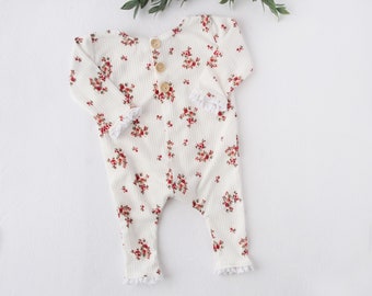 Rosebud - newborn long sleeve footless romper in ivory with deep red, dusty pink, blush and sage floral flowers (RTS)