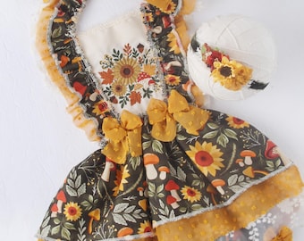 Autumn Toadstool - sitter outfit with embroidery front in deep forest green, mustard yellow, burnt orange, burnt red, sage, ivory and cream
