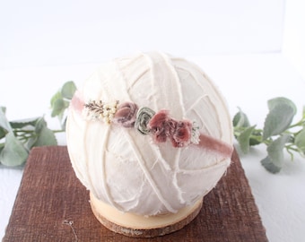 French Bouquet - Hand-Dyed Silk Velvet Tieback Headband – Dusty Mauve, Rose Blush, Sage Green, Cream, Dried Flowers (Photography Prop)
