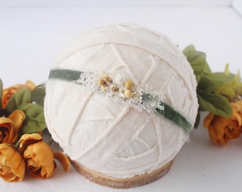 Basil - headband tieback in dusty sage green, mustard yellow with cream and ivory - Newborn Nerds Succulent