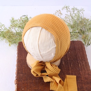 Mustard Bonnet - newborn bonnet in a golden mustard yellow copper rib knit - soft knit with lots of stretch