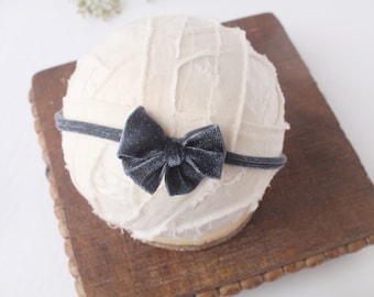 Velveteen Charcoal Denim - Velvet Bow Headband -  Blue, Slate Grey