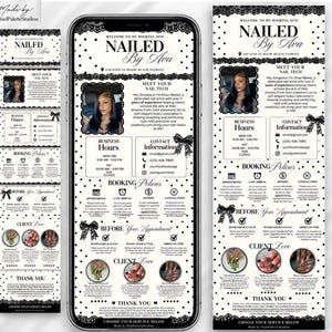 May include: A digital booking site template for a nail technician named Nailed By Ava, featuring a black and white polka dot background with lace accents. The layout includes sections for business hours, contact info, booking policies, and client reviews.