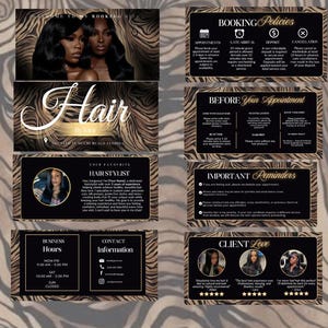 May include: A digital booking website template for a hair salon featuring a black and gold tiger stripe background. The layout includes sections for booking policies, appointment reminders, business hours, contact information, and client reviews.