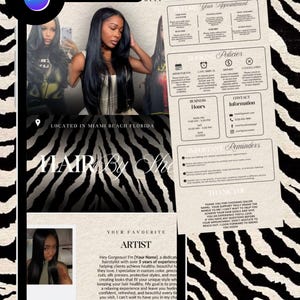 May include: A digital template for a hairstylist booking site featuring a black and white zebra print background. The layout includes sections for artist biography, booking policies, business hours, contact information, and appointment reminders.
