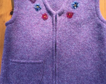 Periwinkle Purple Felted Child/'s Vest with Needle-Felted Floral Neckline 5-8 years size 6-8