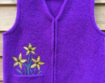 Periwinkle Purple Felted Child/'s Vest with Needle-Felted Floral Neckline 5-8 years size 6-8