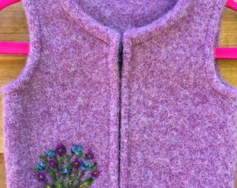 Periwinkle Purple Felted Child/'s Vest with Needle-Felted Floral Neckline 5-8 years size 6-8