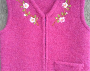 Raspberry Pink Felted Wool Child's Vest,  size 2-4 (18 months-3 years), with Needle-felted Appleblossums along Neckline.