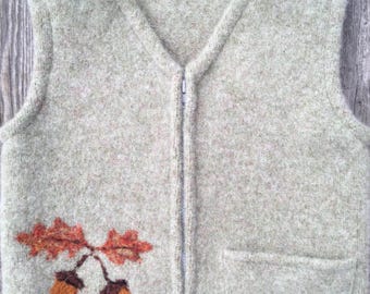 Jade Felted Wool Child's Vest,  size 2-4 (18 months-3 years), with a Needle-felted Acorns and Oak Leaves.