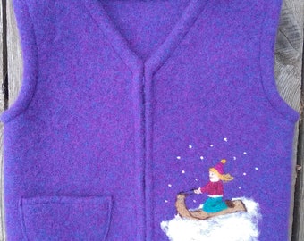 Violet Purple Felted Wool Child's Vest,  size 2-4 (18 months-3 years), with Needle-felted Child Sledding..