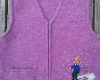 Pink Aster, Felted Child's Vest, size 6-8 (5-8 years), with Needle-Felted  Downhill Skier on Snow.