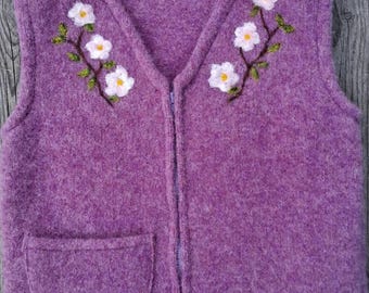 Pink Aster Felted Wool Child's Vest, size 4-6 (3-5 years), with Needle-felted Apple Blossoms Along Neckline.