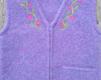 Periwinkle Felted Wool Child's Vest, size 4-6 (3-5 years), with Needlefelted Vining Flowers at Neckline and Useful Pocket.