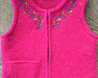 Raspberry Felted Wool Child's Vest, size 2-3 (9-18months) with Needle-felted Floral Neckline.