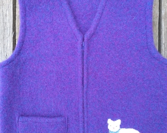 Violet Purple Felted Wool Vest, size 6-8 (5-8yrs), with Needle-felted White Kitty in a Basket.