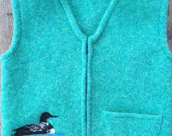 Seagreen Felted Wool Child's Vest, size 4-6 (3-5 years), with a Needle-felted Loon.