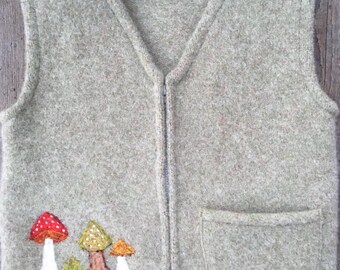 Jade green Felted Wool Child's Vest, size 4-6 (3-5 years), with Needle-felted Colorful Mushrooms.