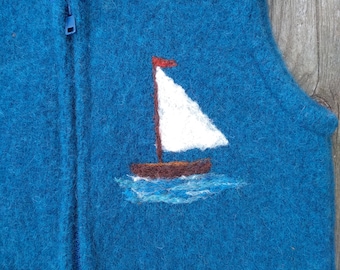 Cobalt Blue Felted Wool Child's Vest, size 2-3 (9-18months) with Needlefelted Sailboat and useful pocket.