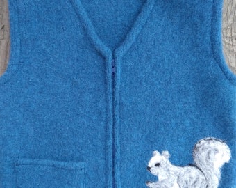 Cobalt blue Felted Wool Child's Vest, size 4-6 (3-5 years), with Needle-felted Gray Squirrel Motif.