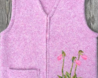Water Lily Pink Felted Child's Vest, size 10-12 (8-10 years), with Needle-Felted Lady Slippers.