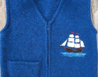 Cobalt Blue Felted Wool Child's Vest, size 4-6 (3-5 years), with a Needle-felted  Sailing Ship.