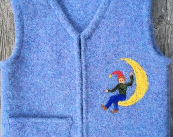 Cornflower Blue Felted Wool Child's Vest,  size 2-4 (18 months-3 years), with Needle-felted Elf on Moon.