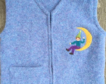 Cornflower Blue Felted Wool Child's Vest, size 4-6 (3-5 years), with Needle-felted Elf Sitting on Crescent Moon.