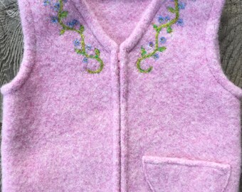 Water Lily Pink Felted Wool Child's Vest,  size 2-4 (18 months-3 years), with Needle-felted Floral Neckline.
