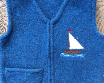 Cobalt BlueFelted Wool Child's Vest,  size 2-4 (18 months-3 years), with Needle-felted Sailboat.