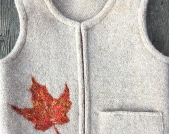Sand Felted Wool Child's Vest, size 2-3 (9-18months) with a Needle-felted  Autumn Maple Leaf.