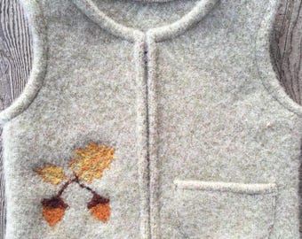 Jade Green Felted Wool Child's Vest, size 2-3 (9-18months) with Needle-felted Leaves and Acorns.