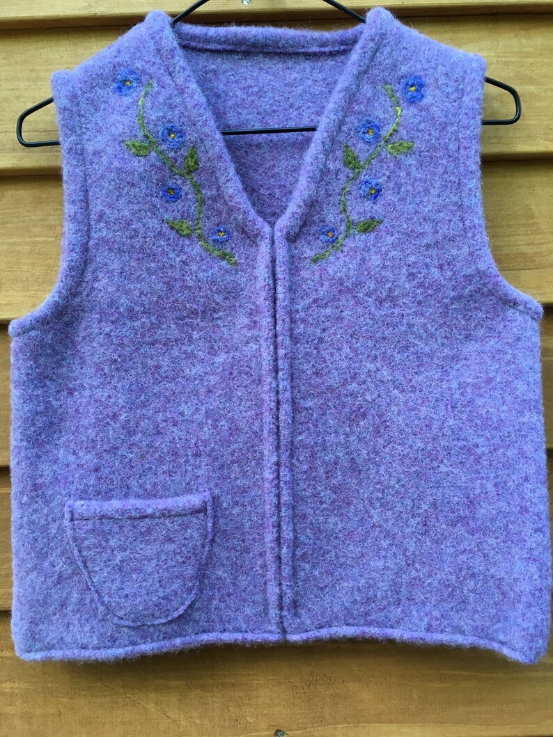 Periwinkle Purple Felted Child/'s Vest with Needle-Felted Floral Neckline 5-8 years size 6-8
