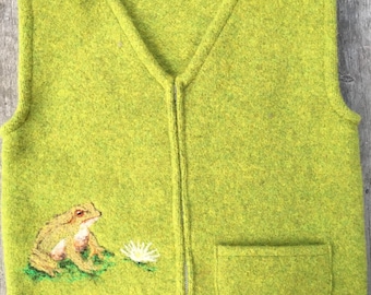Grass Green Felted Child's Vest, size 6-8( 5-8 years), with Needle-Felted Frog.