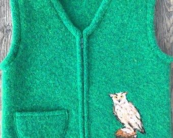 Spruce Green Felted Wool Child's Vest,  size 2-4 (18 months-3 years), with a Needle-felted Owl.