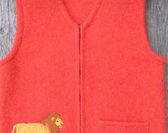 Poppy color Felted Child's Vest, size 10-12 (8-10 years), with Needle-Felted Golden Lion Motif and useful pocket.