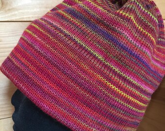 Red Multi Merino Wool/Nylon Knit Hat with Cotton Lining – Warm, Soft, Colorful Beanie