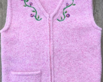 Water Lily Pink Felted Child's Vest, size 10-12 (8-10 years), with Needle-Felted Floral Vine along Neckline.