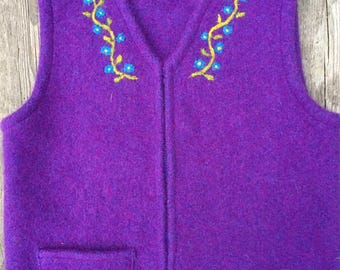 Purple Violet Felted Child's Vest, size 10-12 (8-10 years), with Needle-Felted Floral Vine along Neckline.