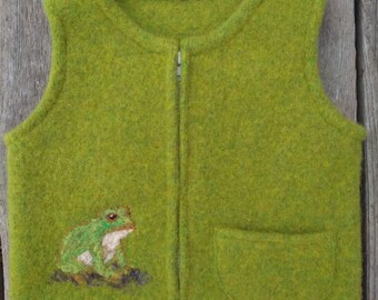 Grass Green Felted Wool Child's Vest, size 2-3 (9-18months) with Needlefelted Frog.