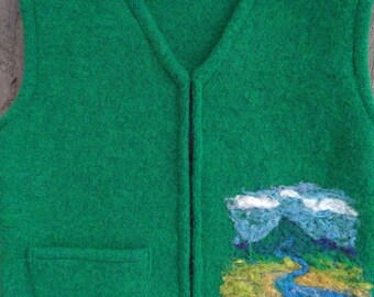 Spruce Green Felted Wool Child's Vest, size 4-6 (3-5 years), with Needle-felted with Scenic Mountain and Waterway.