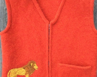 Poppy Felted Wool Child's Vest, size 4-6 (3-5 years), with Needle-felted Lion Motif.
