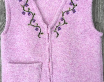 Water Lily Pink Felted Wool Child's Vest, size 4-6 (3-5 years), with Needle-felted Floral Neckline.