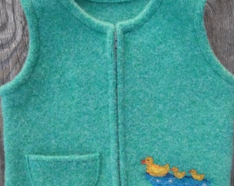 Seagreen Felted Wool Child's Vest, size 2-3 (9-18months) with Needlefelted Ducks Swimming and useful pocket.
